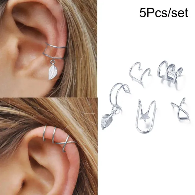 17KM Gold Leaves Ear Cuff Black Non-Piercing Ear Clips / Fake Cartilage Earrings Clip Earrings For Women/Men