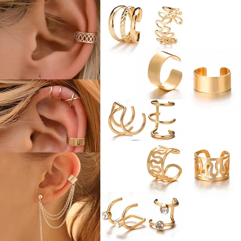 17KM Gold Leaves Ear Cuff Black Non-Piercing Ear Clips / Fake Cartilage Earrings Clip Earrings For Women/Men