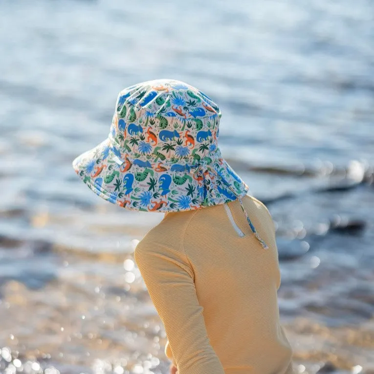 Acorn Kids: Wide Brim Swim Bucket Hat Prehistoric Natural Blue Orange