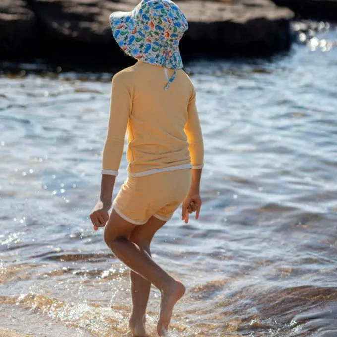 Acorn Kids: Wide Brim Swim Bucket Hat Prehistoric Natural Blue Orange