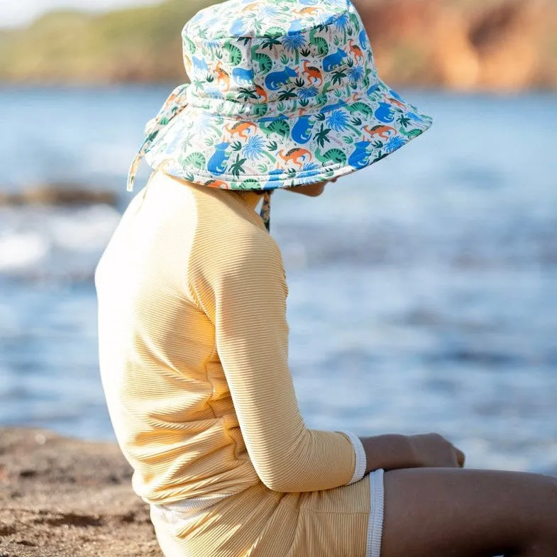 Acorn Kids: Wide Brim Swim Bucket Hat Prehistoric Natural Blue Orange