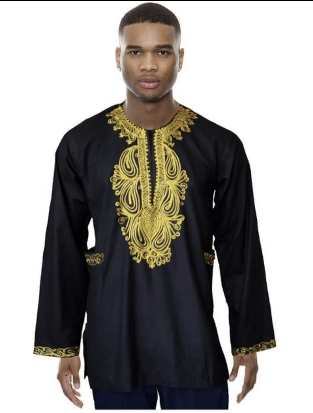 Black Cotton Long Sleeve Dashiki Shirt with Gold Embroidery