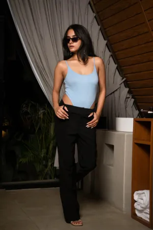 Blue Ribbed High Cut Bodysuit