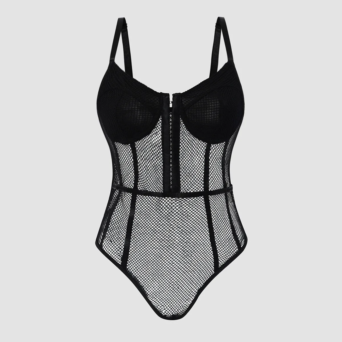 Body-Hugging, Breathable Lace Bodysuit with Grid Pattern and Openwork