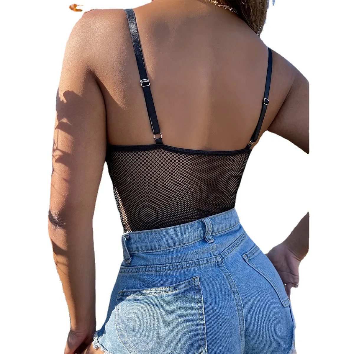 Body-Hugging, Breathable Lace Bodysuit with Grid Pattern and Openwork