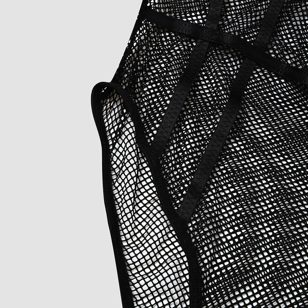 Body-Hugging, Breathable Lace Bodysuit with Grid Pattern and Openwork