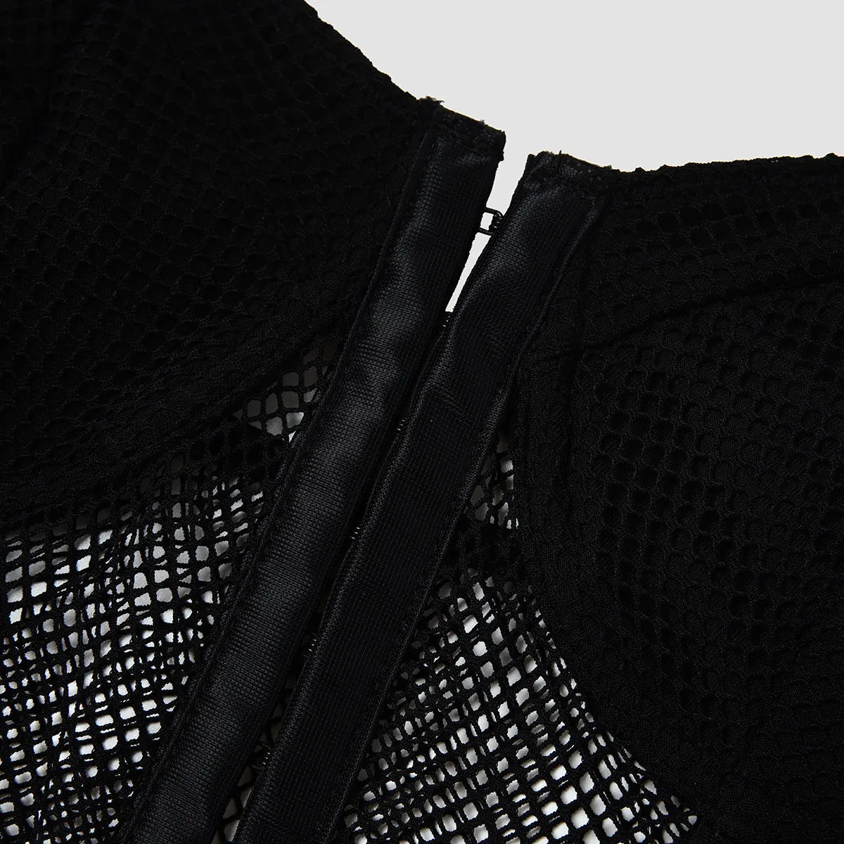 Body-Hugging, Breathable Lace Bodysuit with Grid Pattern and Openwork