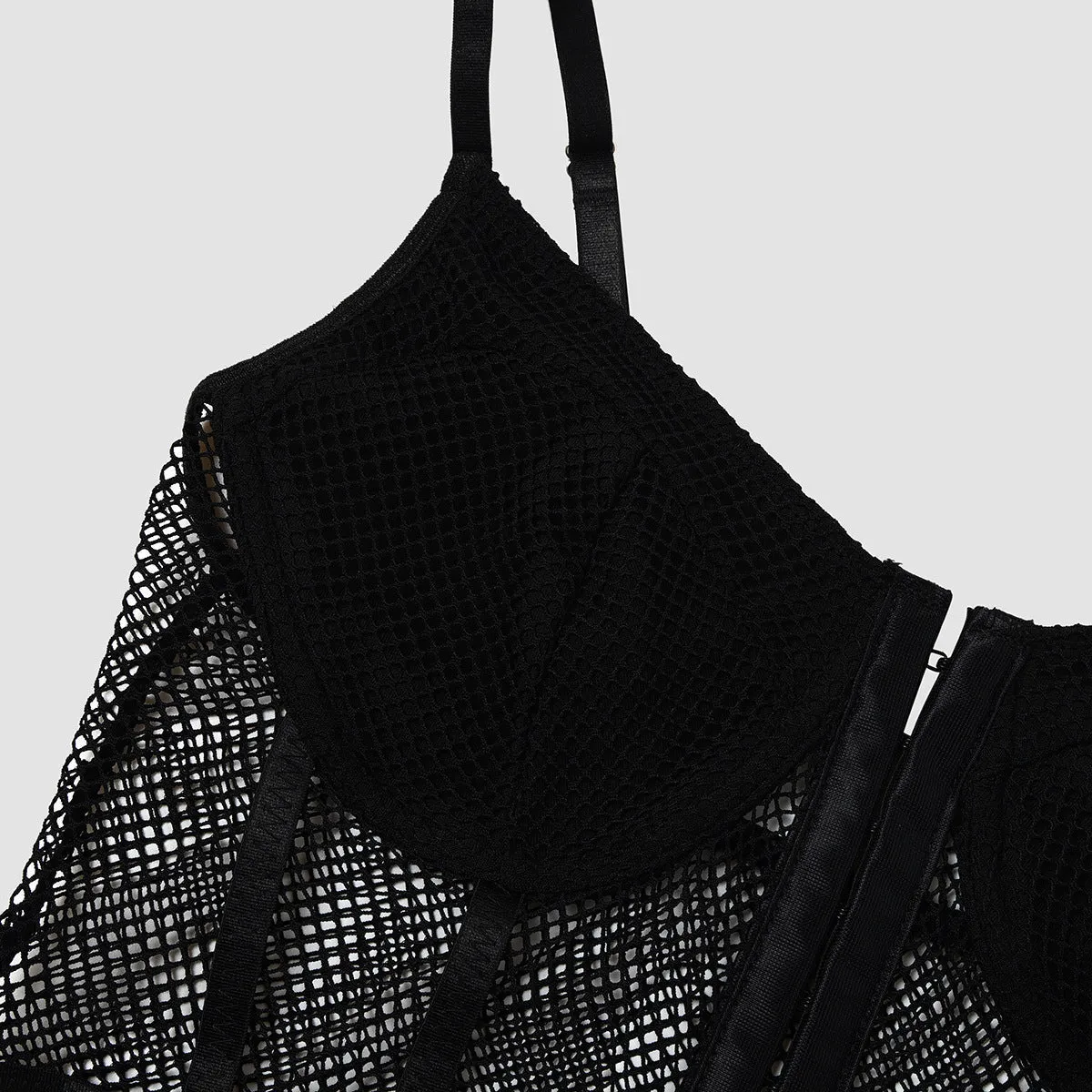 Body-Hugging, Breathable Lace Bodysuit with Grid Pattern and Openwork