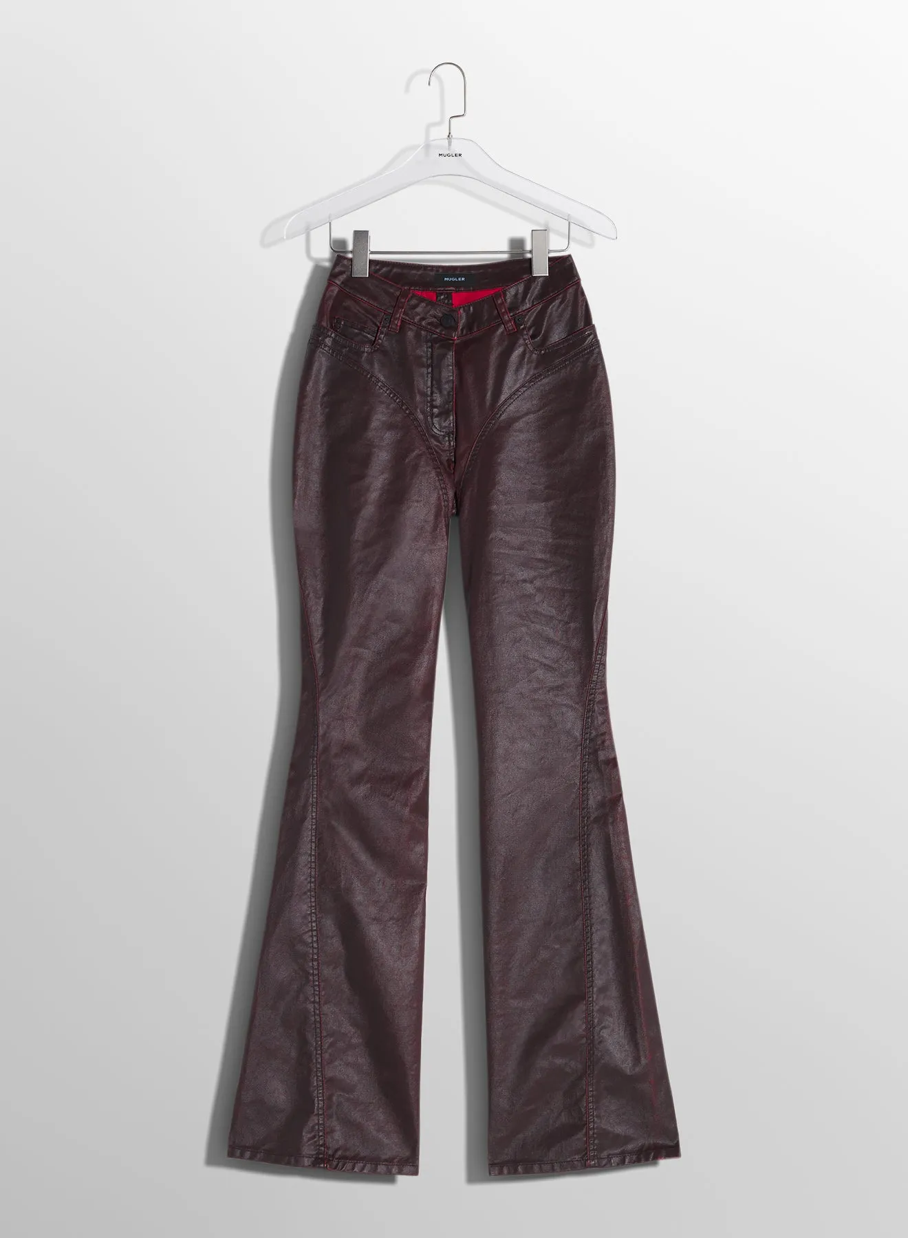 burgundy waxed denim pants