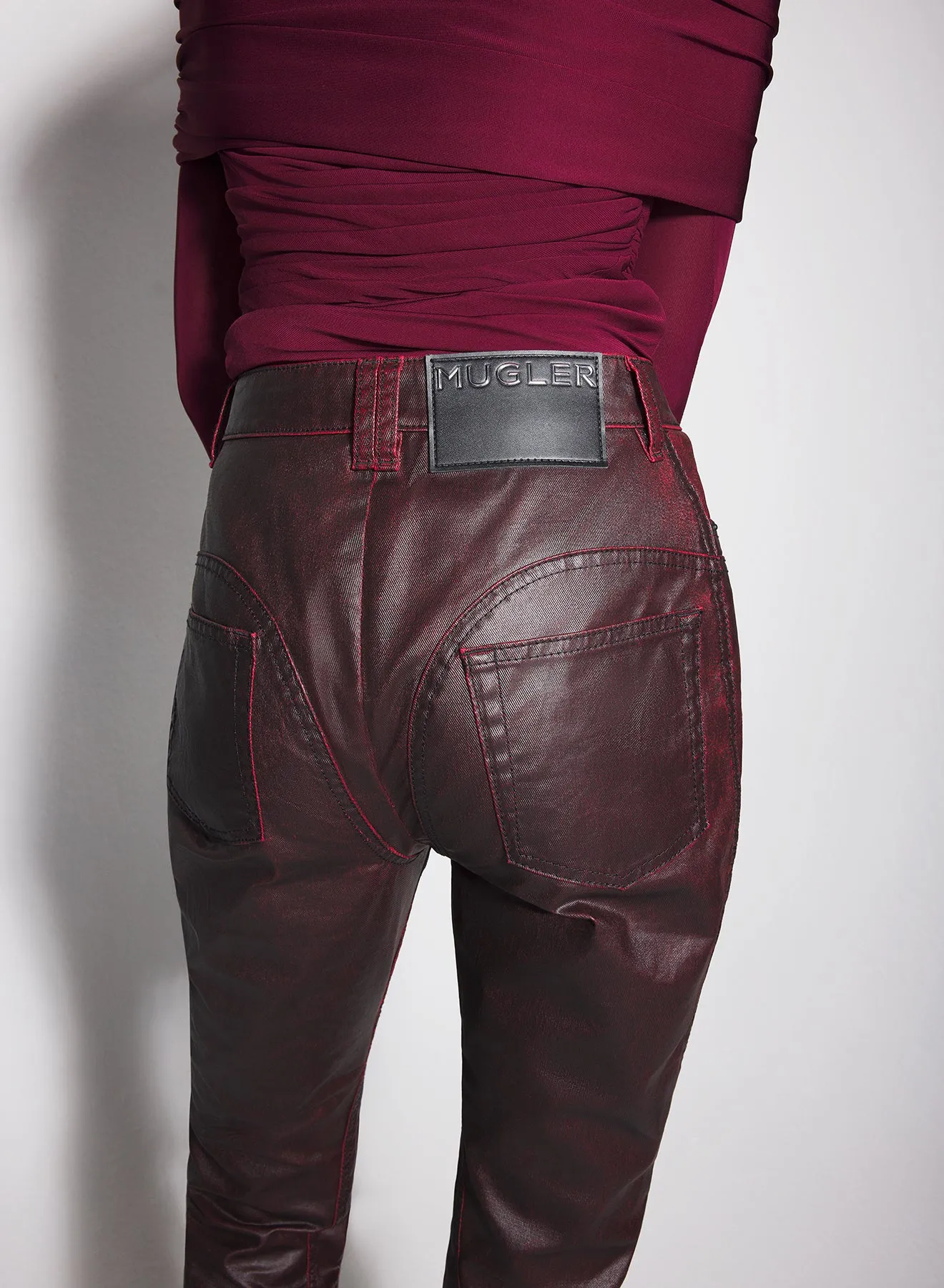 burgundy waxed denim pants