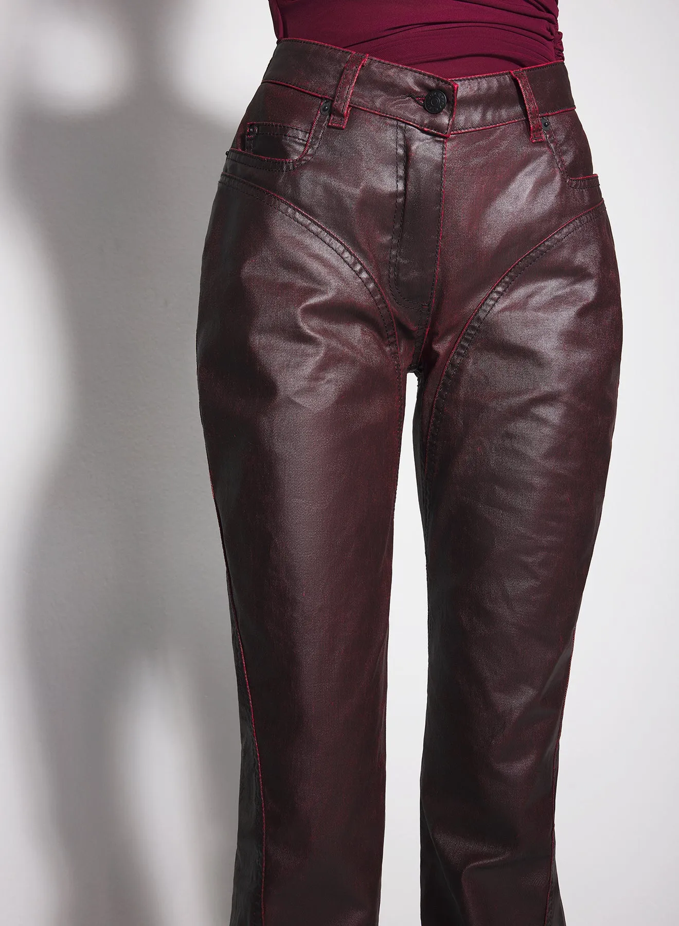 burgundy waxed denim pants