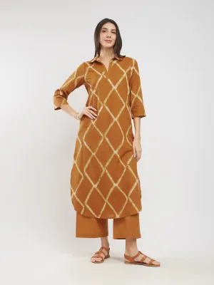 Cotton Dabu Geometric Kurta Set - Mustard