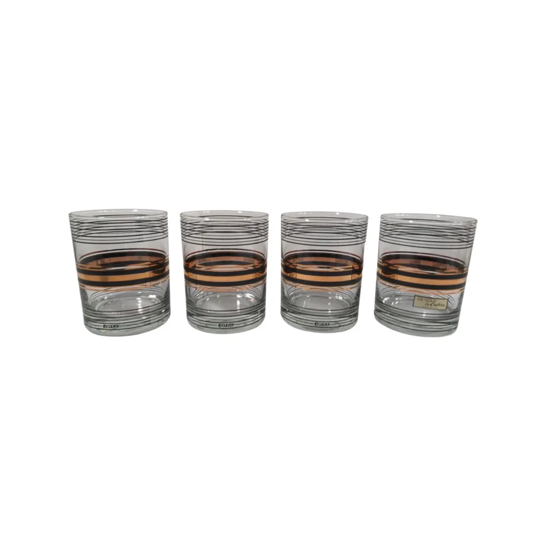 Culver Signed 22-Karat Gold and Black Striped Double Old Fashion Glasses (Set of 4)