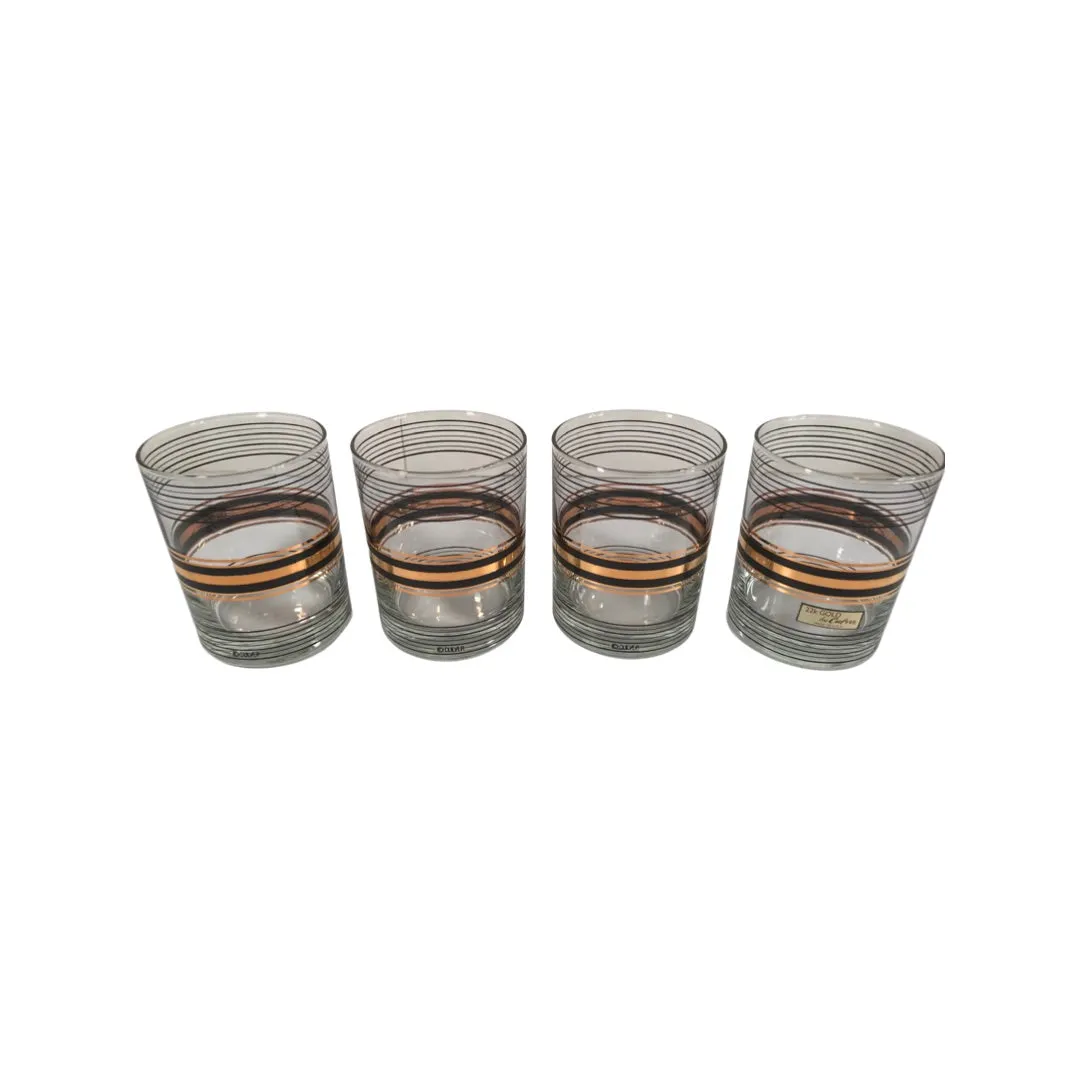 Culver Signed 22-Karat Gold and Black Striped Double Old Fashion Glasses (Set of 4)