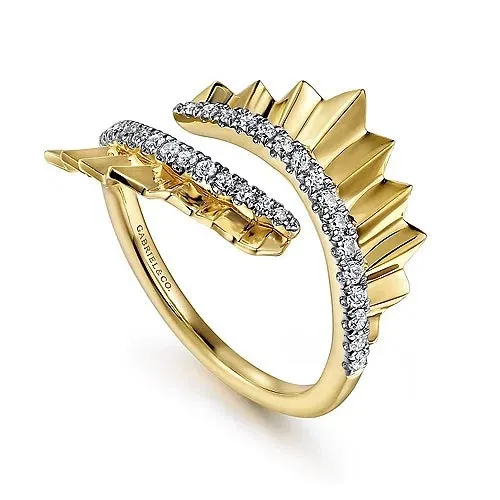 Diamond Cut - 14K Yellow Gold Diamond Bypass Ring with Diamond Cut Texture