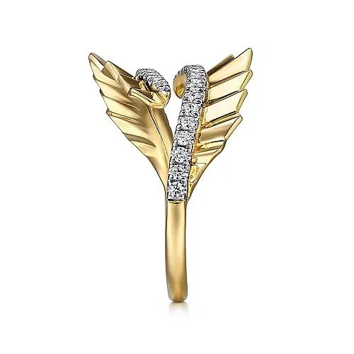 Diamond Cut - 14K Yellow Gold Diamond Bypass Ring with Diamond Cut Texture