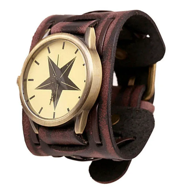 Fabulous 2016 1pc New Cool Style Retro summer unique Punk Rock Big Wide Leather Bracelet Cuff Watches men watch women wholesale