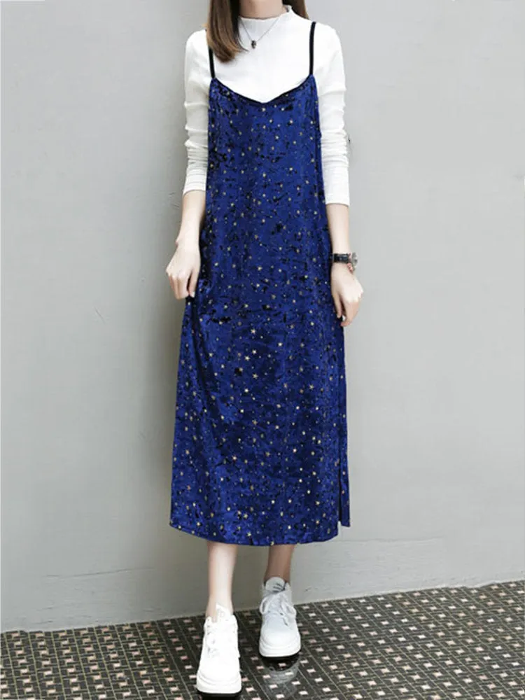 Gold Velvet Spaghetti Strap Two Pieces Dress
