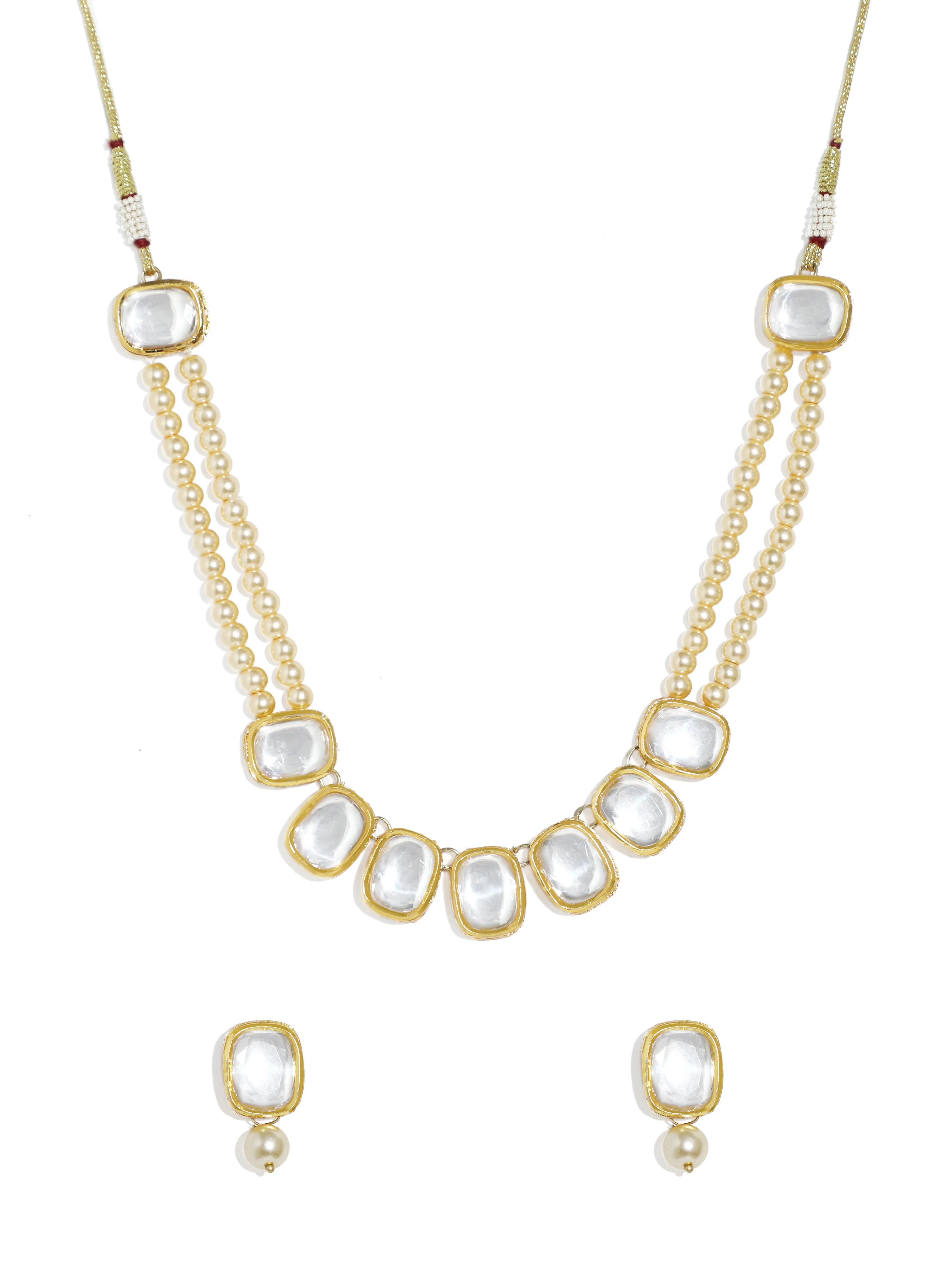 Golden Pearl Beads Polki Kundan Necklace Set