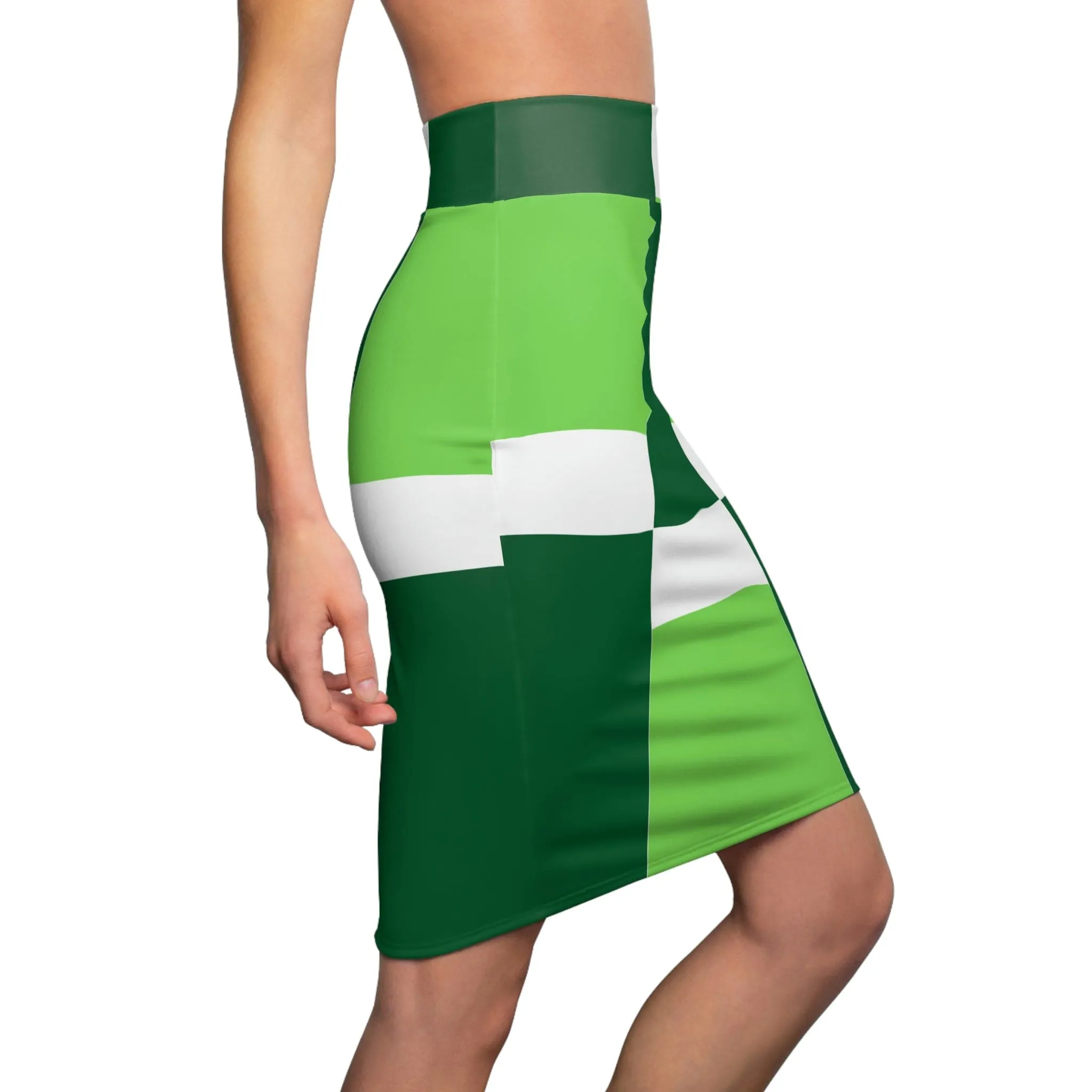 High Waist Womens Pencil Skirt - Contour Stretch - Lime Forest Irish Green Colorblock