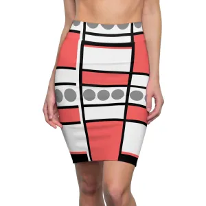 High Waist Womens Pencil Skirt - Contour Stretch - Mauve Grey White Geometric Pattern