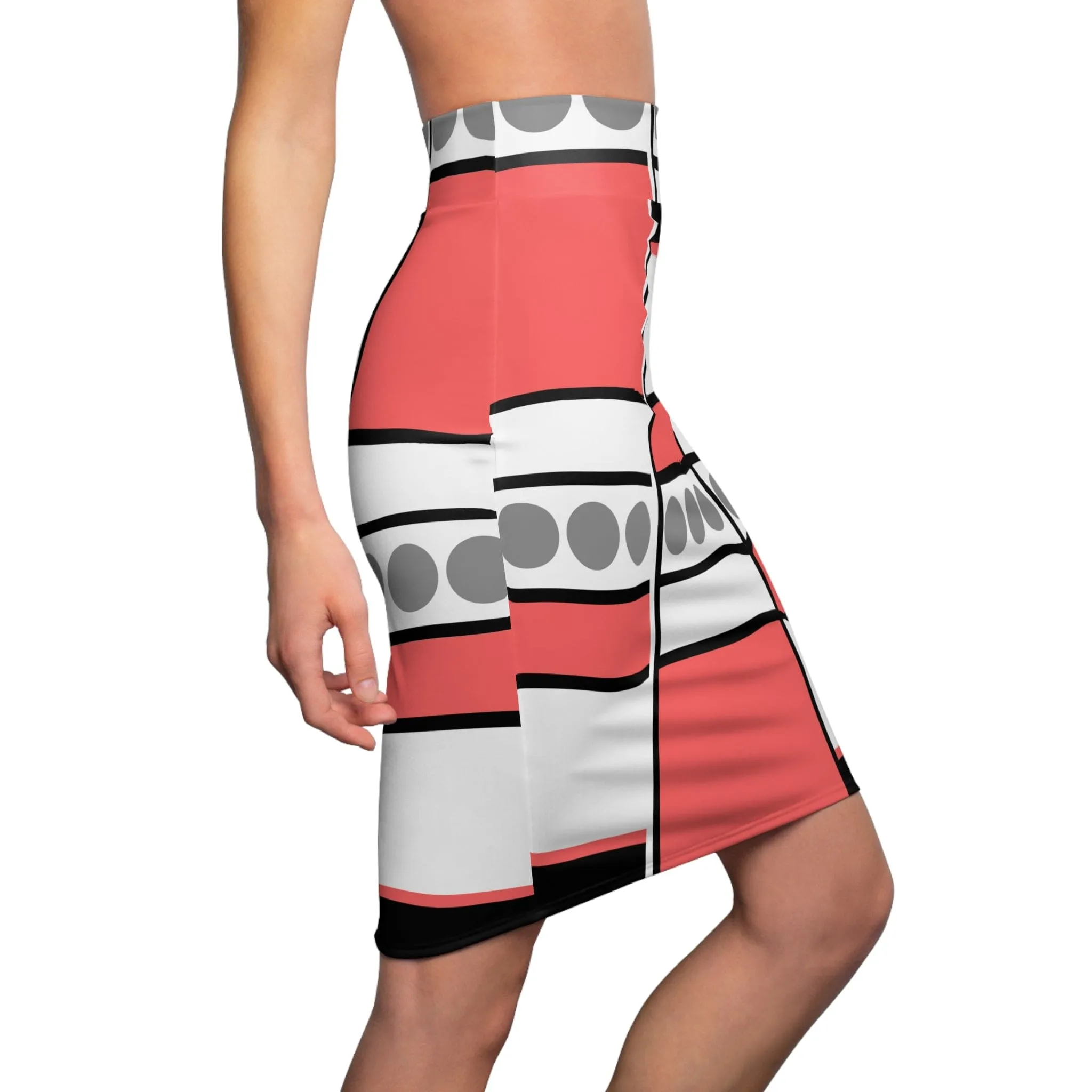 High Waist Womens Pencil Skirt - Contour Stretch - Mauve Grey White Geometric Pattern