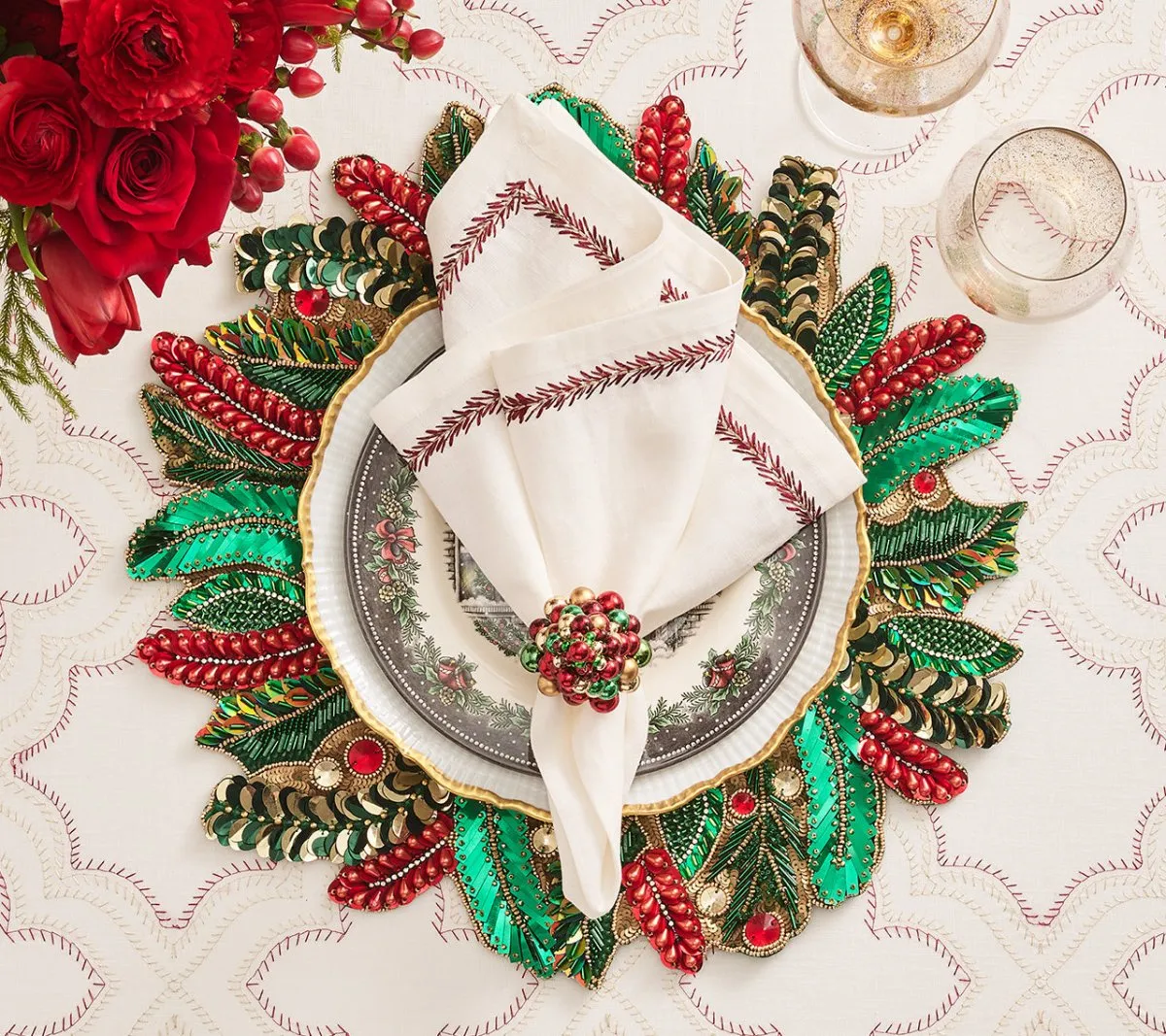 Holly and Sprig Placemat in Green, Red & Gold, Set of 2