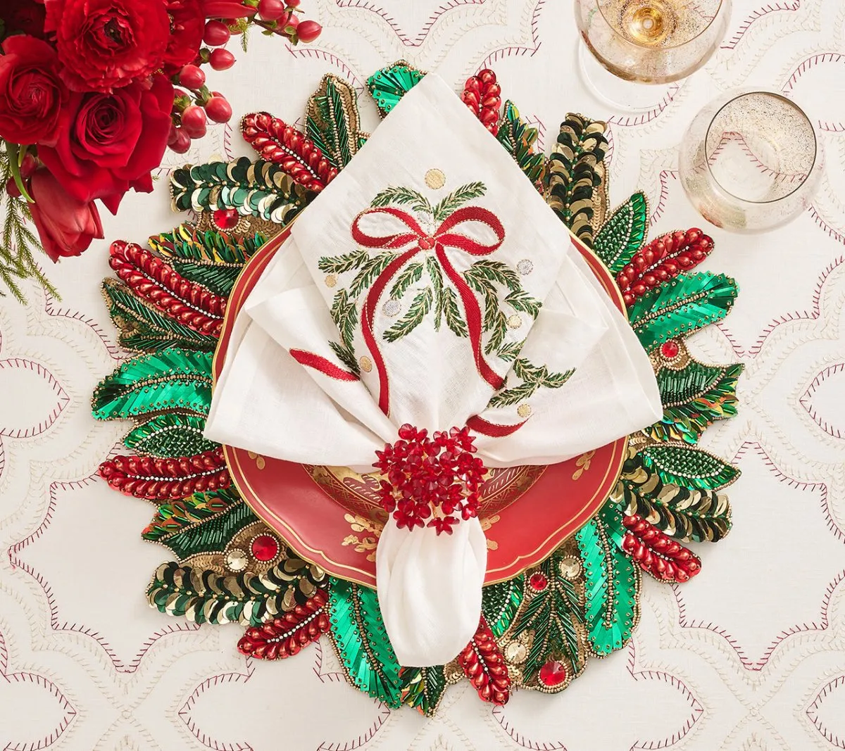 Holly and Sprig Placemat in Green, Red & Gold, Set of 2
