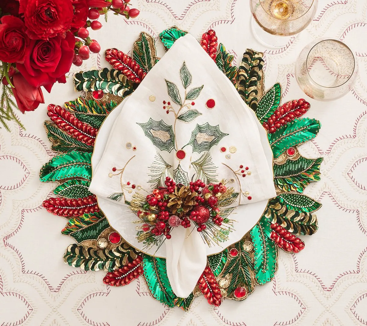 Holly and Sprig Placemat in Green, Red & Gold, Set of 2