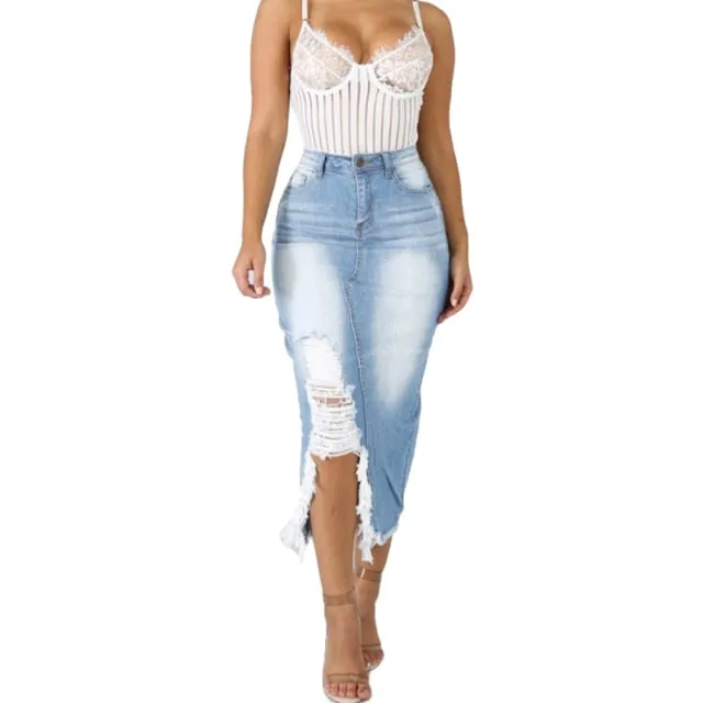 HOT SALE! High Waist Ripped Split Denim Long Skirt