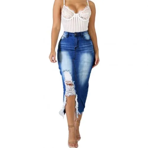HOT SALE! High Waist Ripped Split Denim Long Skirt