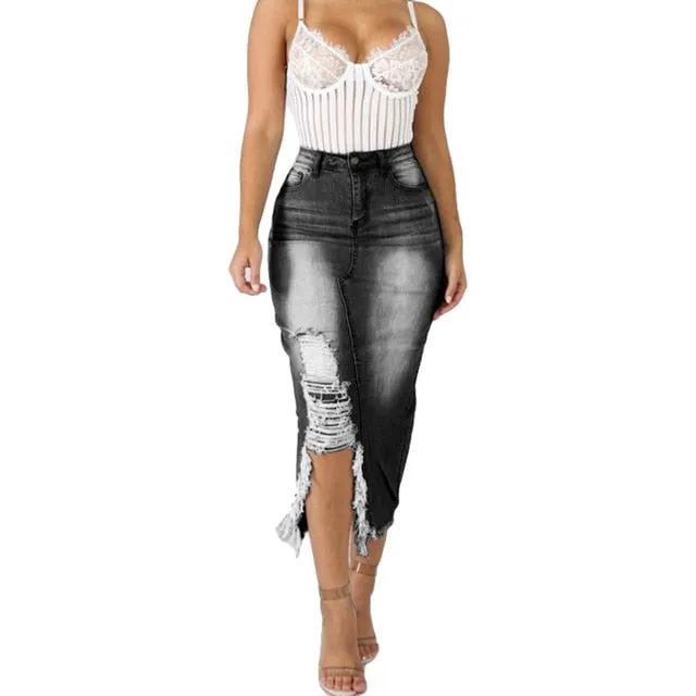 HOT SALE! High Waist Ripped Split Denim Long Skirt