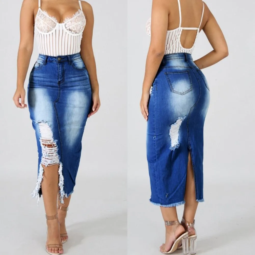 HOT SALE! High Waist Ripped Split Denim Long Skirt