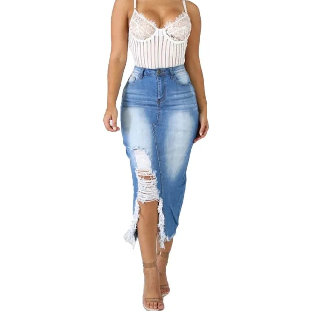 HOT SALE! High Waist Ripped Split Denim Long Skirt