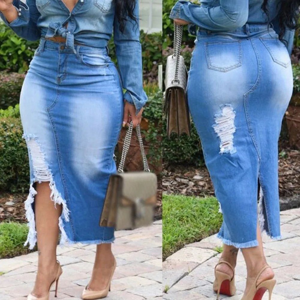HOT SALE! High Waist Ripped Split Denim Long Skirt