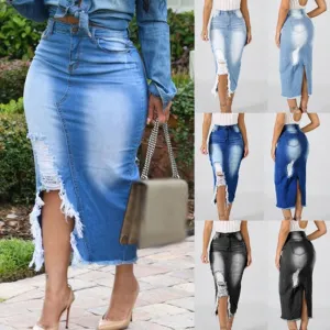 HOT SALE! High Waist Ripped Split Denim Long Skirt