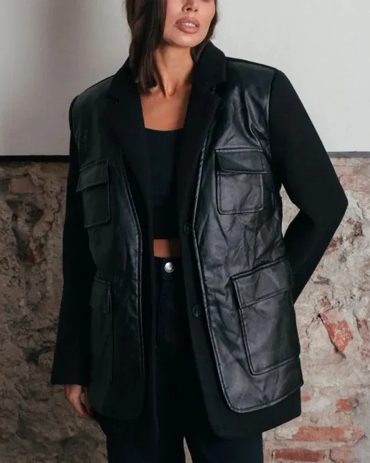 Jacket with leather-like front and adjustable belt with purse  S037251