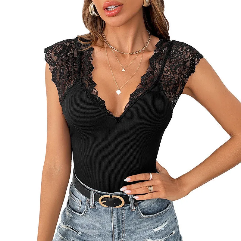 Lace Patchwork Deep V Knitted Short Sleeve Bodysuit