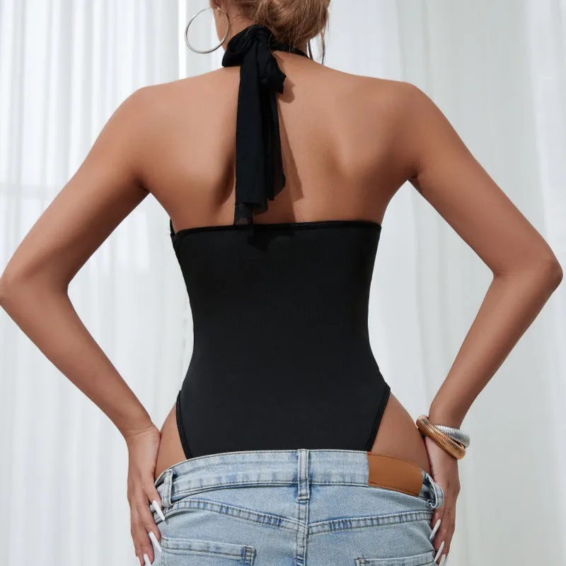 Lace Underwire Solid Color Bodycon Sleeveless Black Bodysuit with Floral Pattern