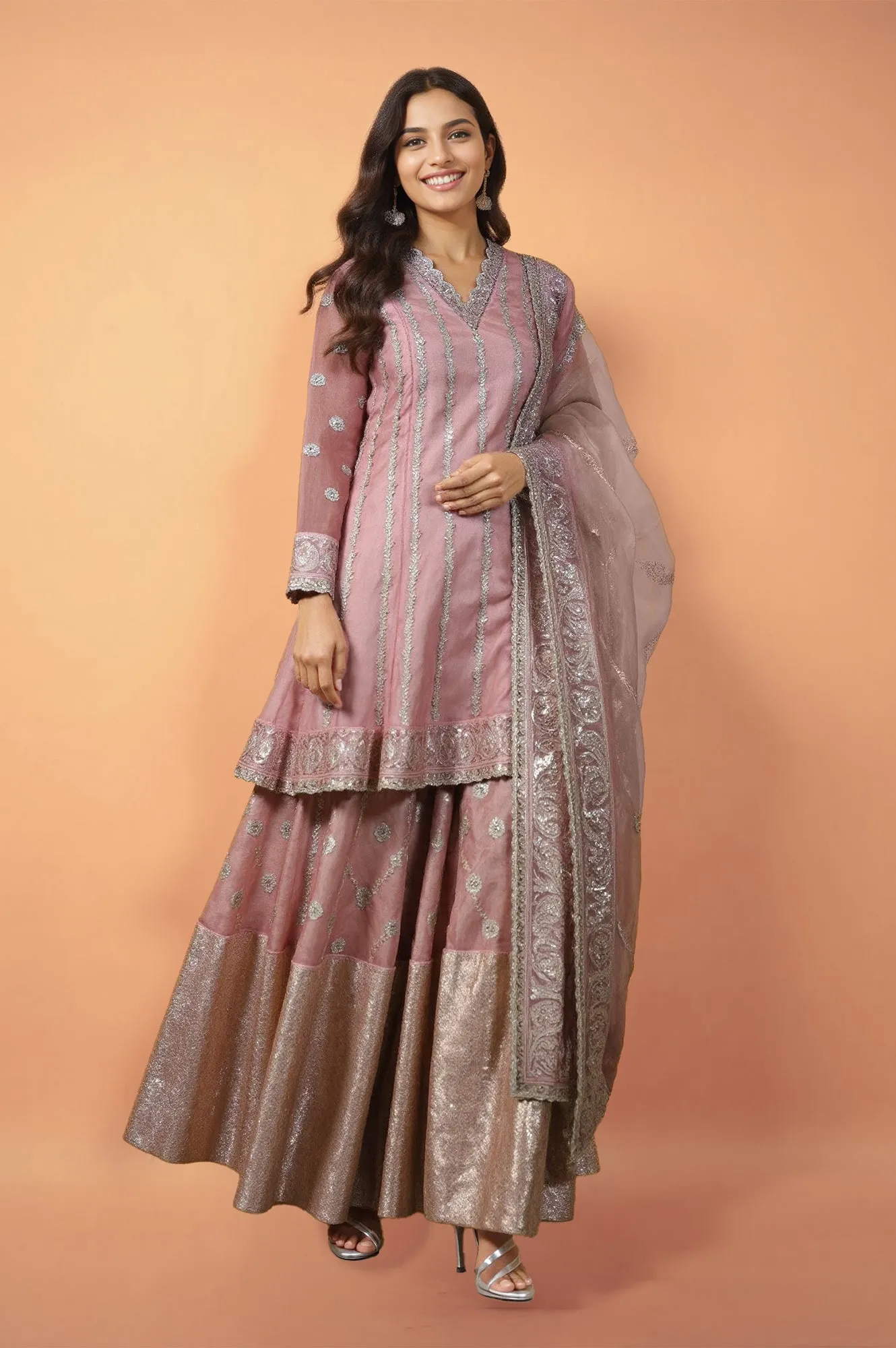 Lilac Zari Embroidered Silk Organza Short Kurta, Flared Culottes Set with Dupatta