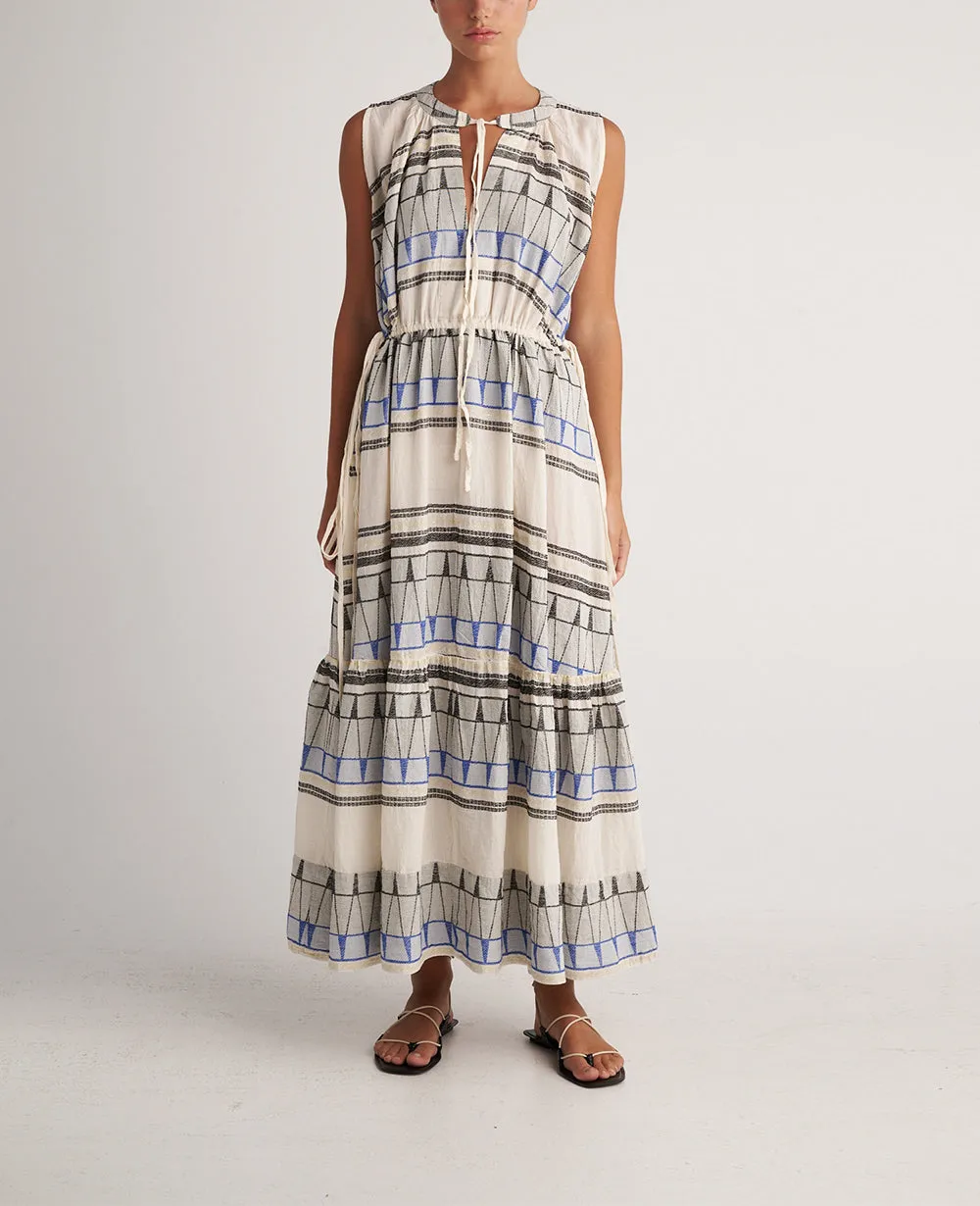 LONG SLEEVELESS DRESS "KYKLADES" NATURAL/BLACK/BLUE