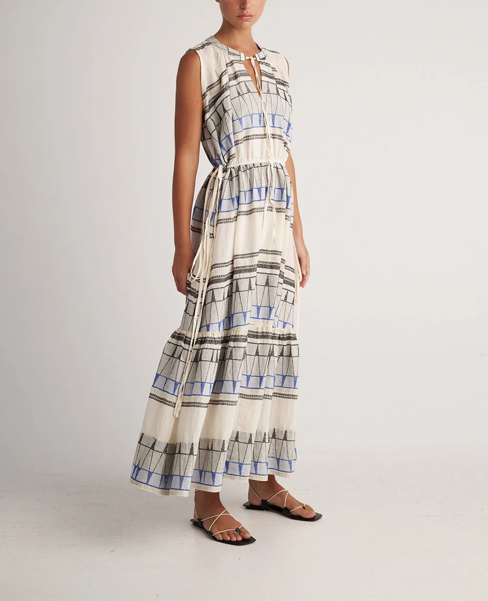 LONG SLEEVELESS DRESS "KYKLADES" NATURAL/BLACK/BLUE