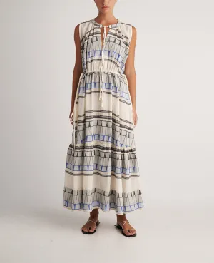 LONG SLEEVELESS DRESS "KYKLADES" NATURAL/BLACK/BLUE