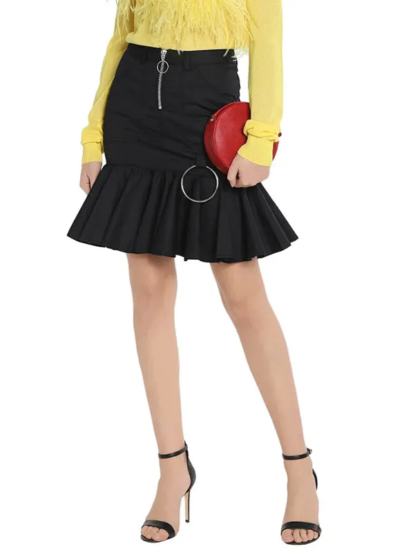 Marques Almeida Black Cotton Ruffle Skirt with Metal O Ring - XS