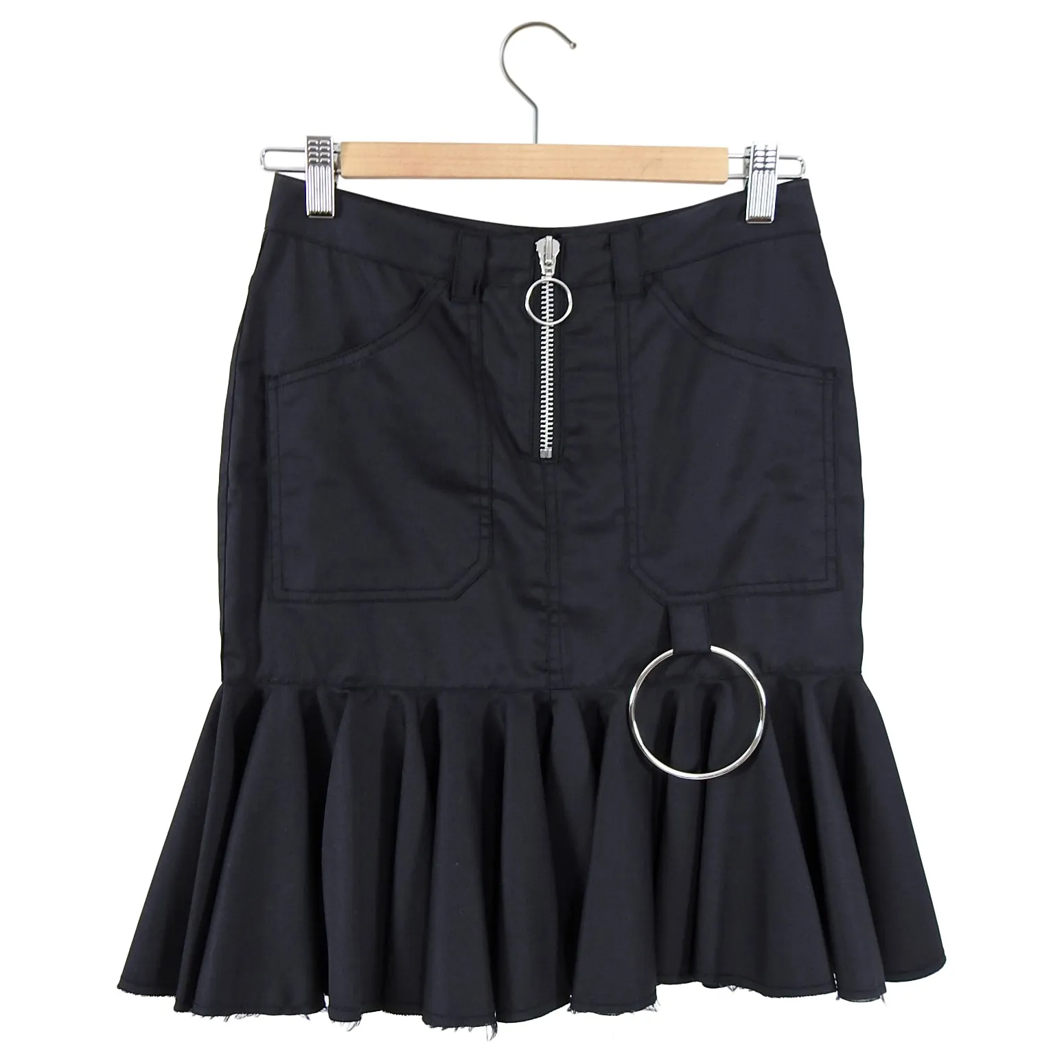 Marques Almeida Black Cotton Ruffle Skirt with Metal O Ring - XS
