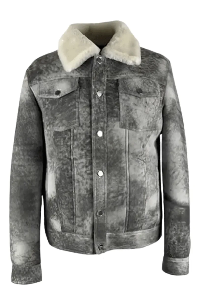 Men's Distressed Grey Denim shearling Jacket Style # 2023