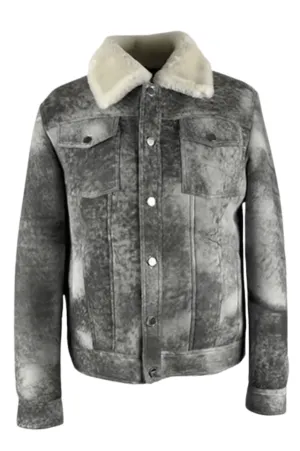 Men's Distressed Grey Denim shearling Jacket Style # 2023