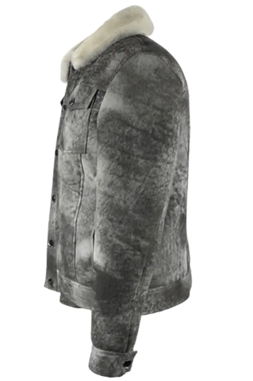 Men's Distressed Grey Denim shearling Jacket Style # 2023