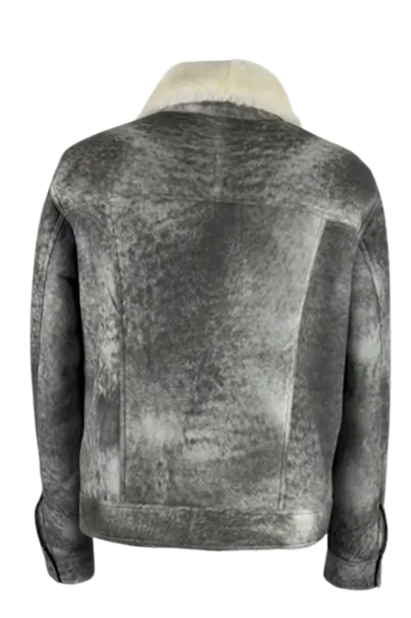 Men's Distressed Grey Denim shearling Jacket Style # 2023