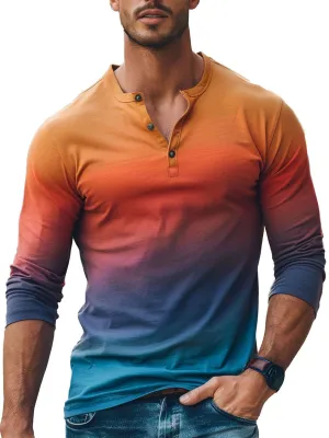 Men's Gradient Rainbow Print Henley Collar Casual Long Sleeve T-Shirt